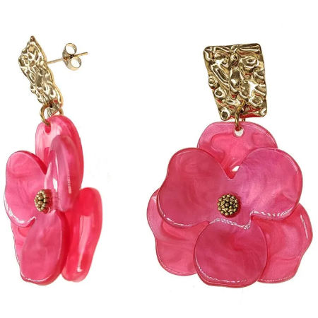 Boucles Chloris dorées avec fleur fuchsia en résine