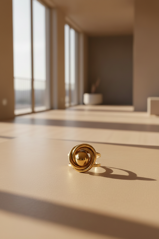 Bague dorée Ariane en acier inoxydable avec motif entrelacé et sphère centrale.