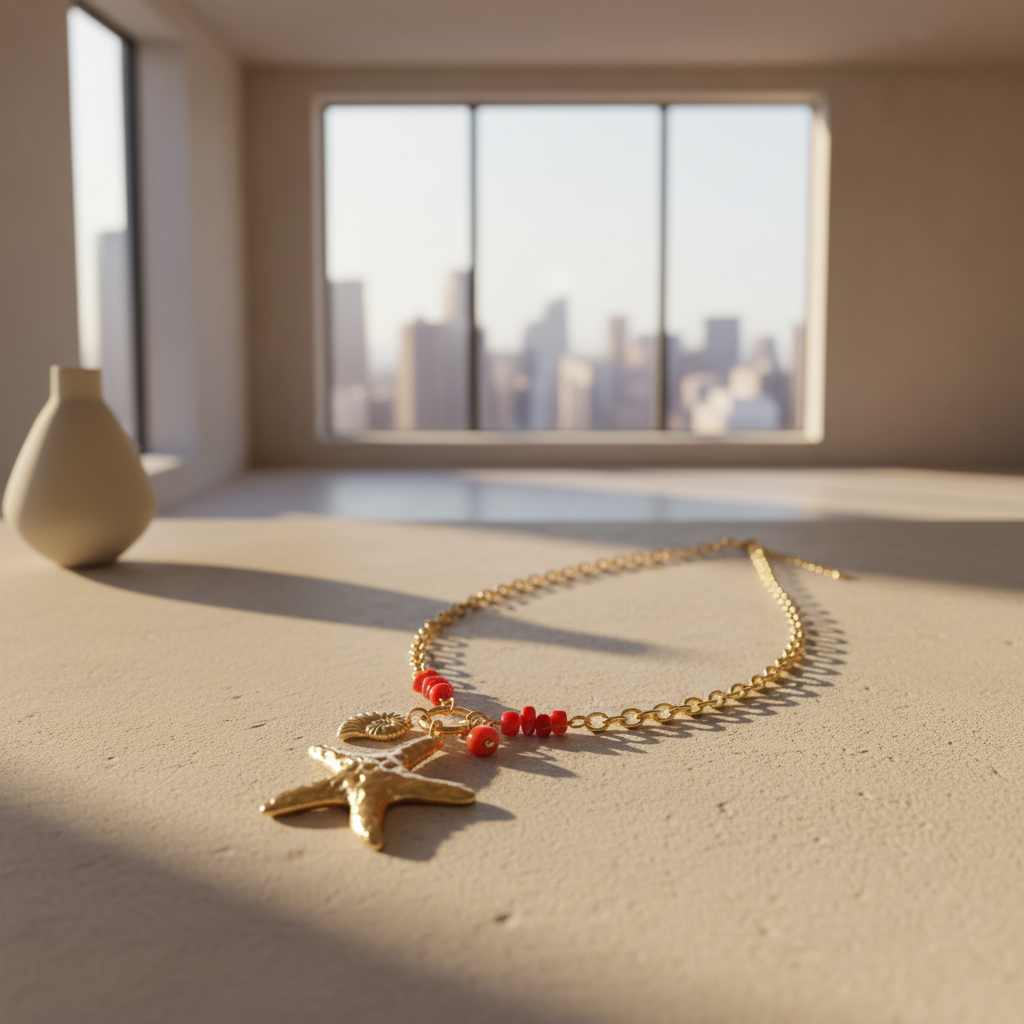 Collier Galatée doré avec pendentif étoile de mer et détails rouges porté au cou.