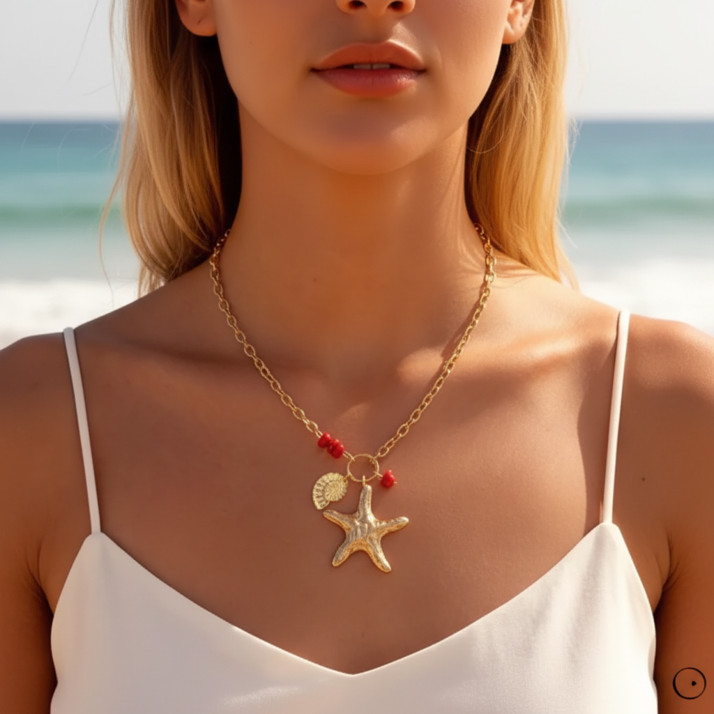 Collier Galatée doré avec pendentif étoile de mer et détails rouges porté au cou.