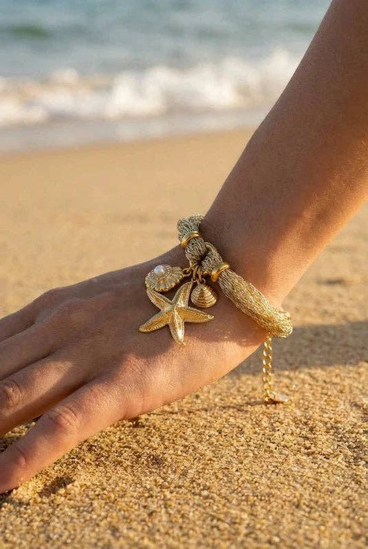 Bracelet "Naïade" - Jonc Coquillage & Étoile de Mer en Acier Doré