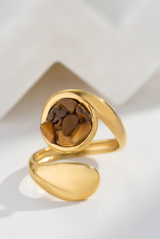 Bague Rhéa en acier inoxydable doré avec pierres marron effet œil-de-tigre