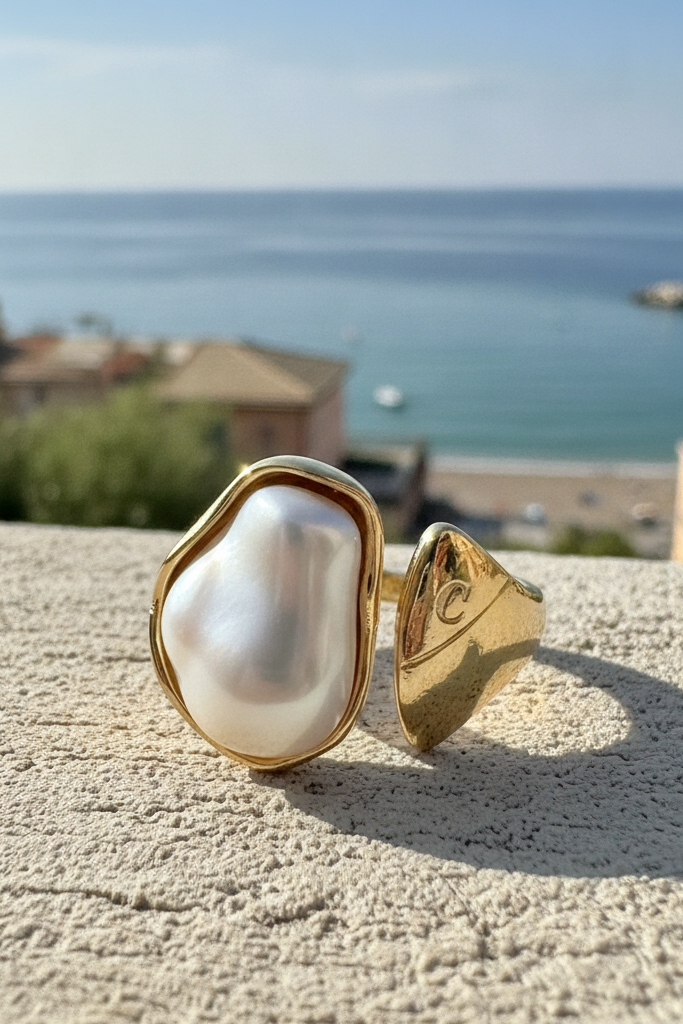 Bague dorée nacrée Séléné avec design ouvert et détail effet perle.
