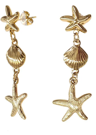 Boucles Doris dorées avec coquillage et étoile de mer