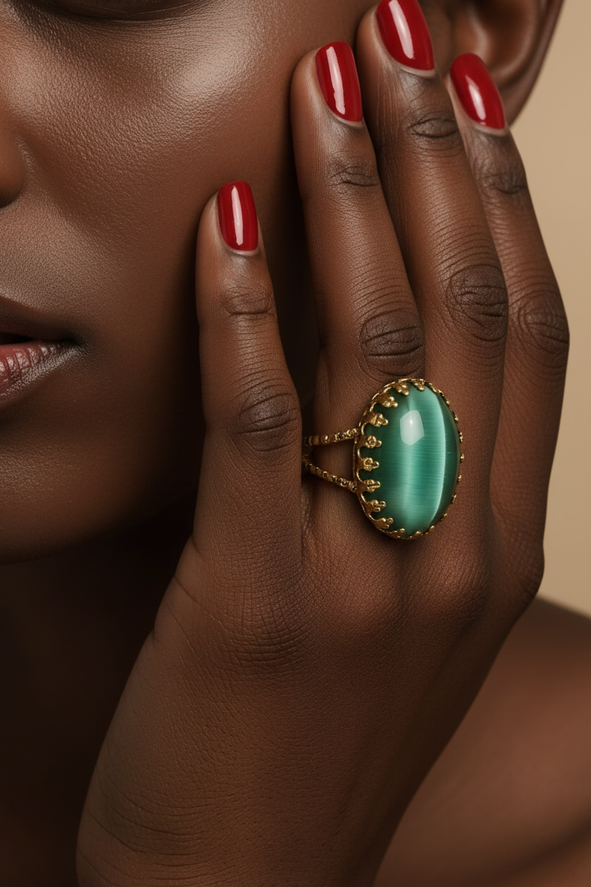 Bague Héméra portée à la main avec pierre ovale verte nacrée et contour doré.