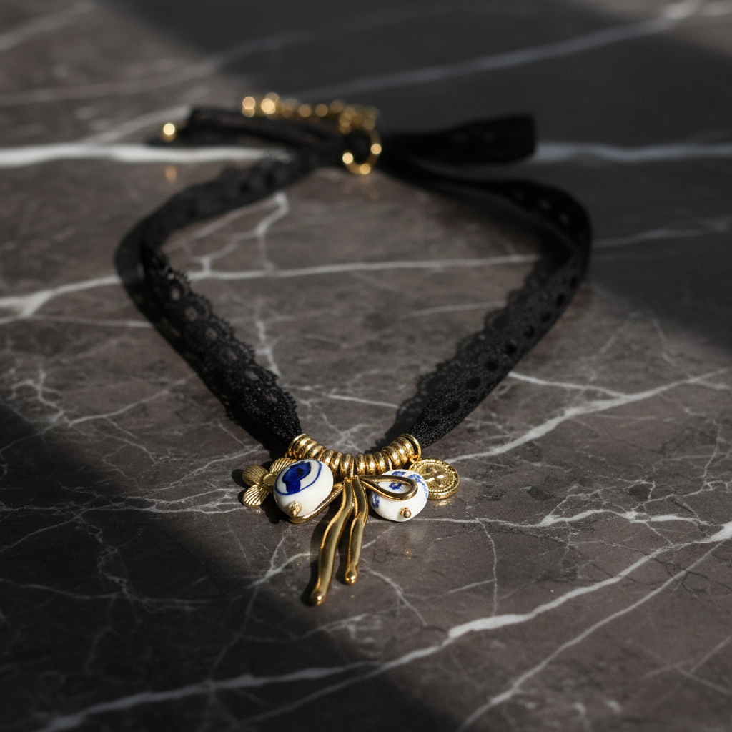 Collier Choker dentelle noire perles de porcelaine porté au cou