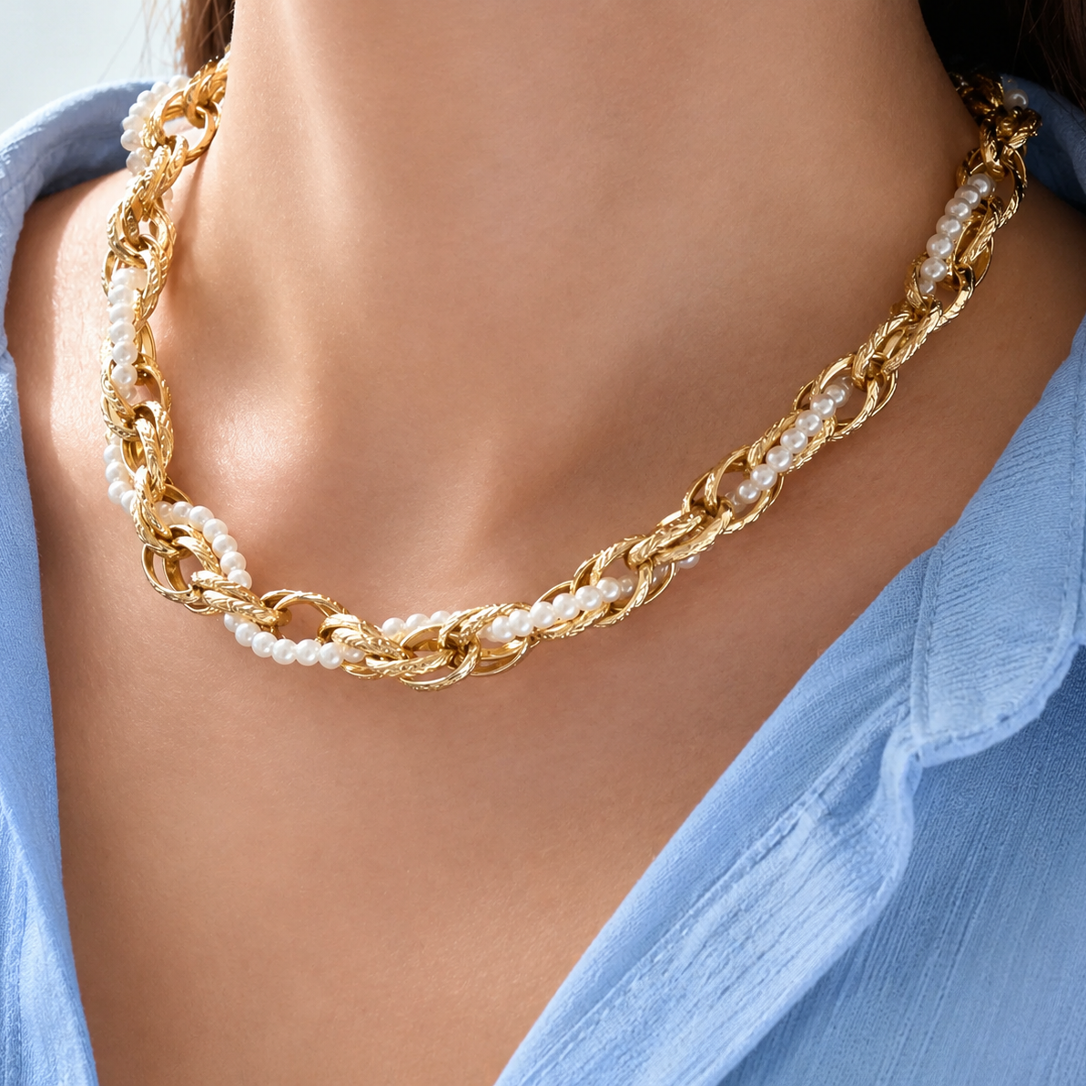 Collier Harmonie doré avec perles blanches et maillons entrelacés