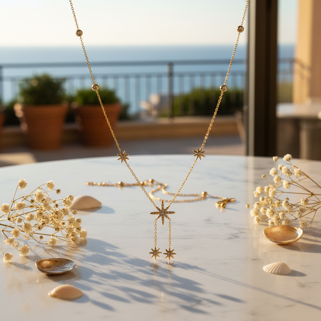 Collier Constellation doré avec étoiles pendantes porté au cou