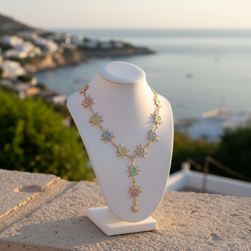 Détail du collier Soleil émaillé multicolore, acier inoxydable
