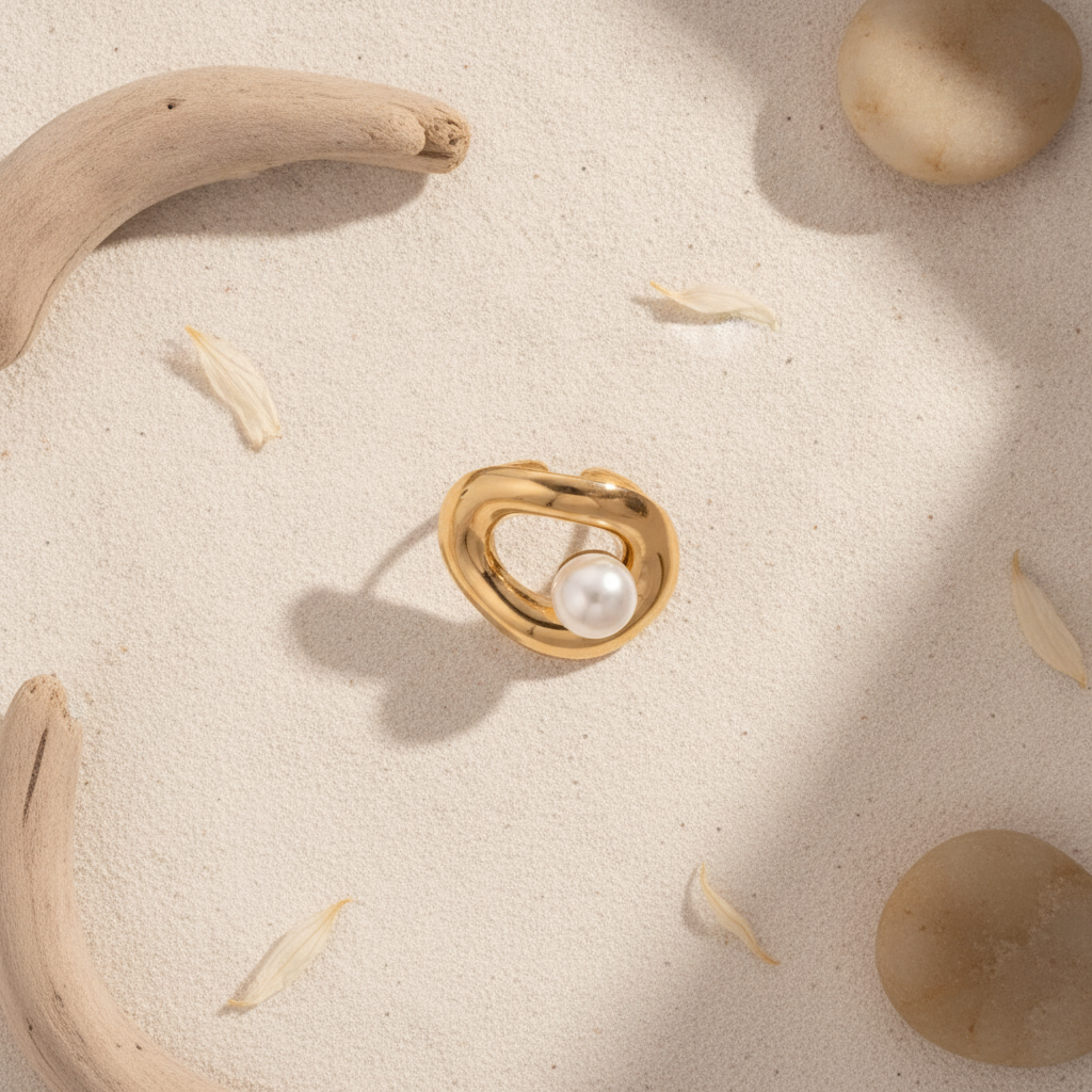 Bague dorée Héra avec perle blanche posée à plat