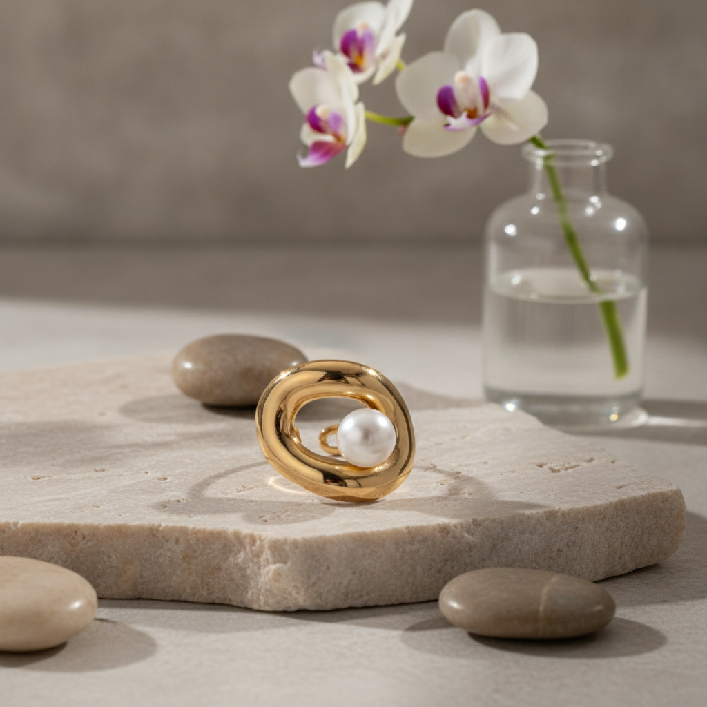 Bague dorée Héra perle blanche portée à la main