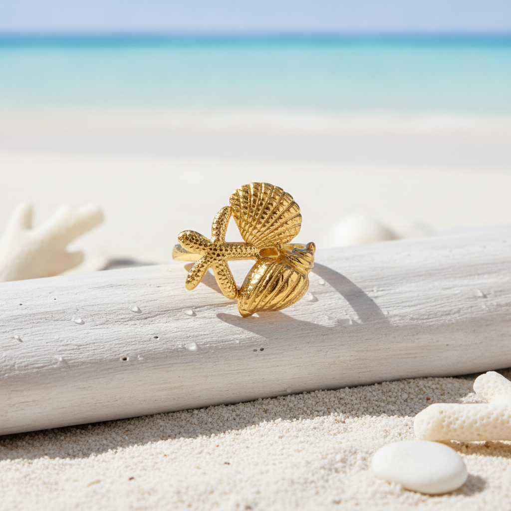 Bague dorée Thalassa coquillages portée à la main