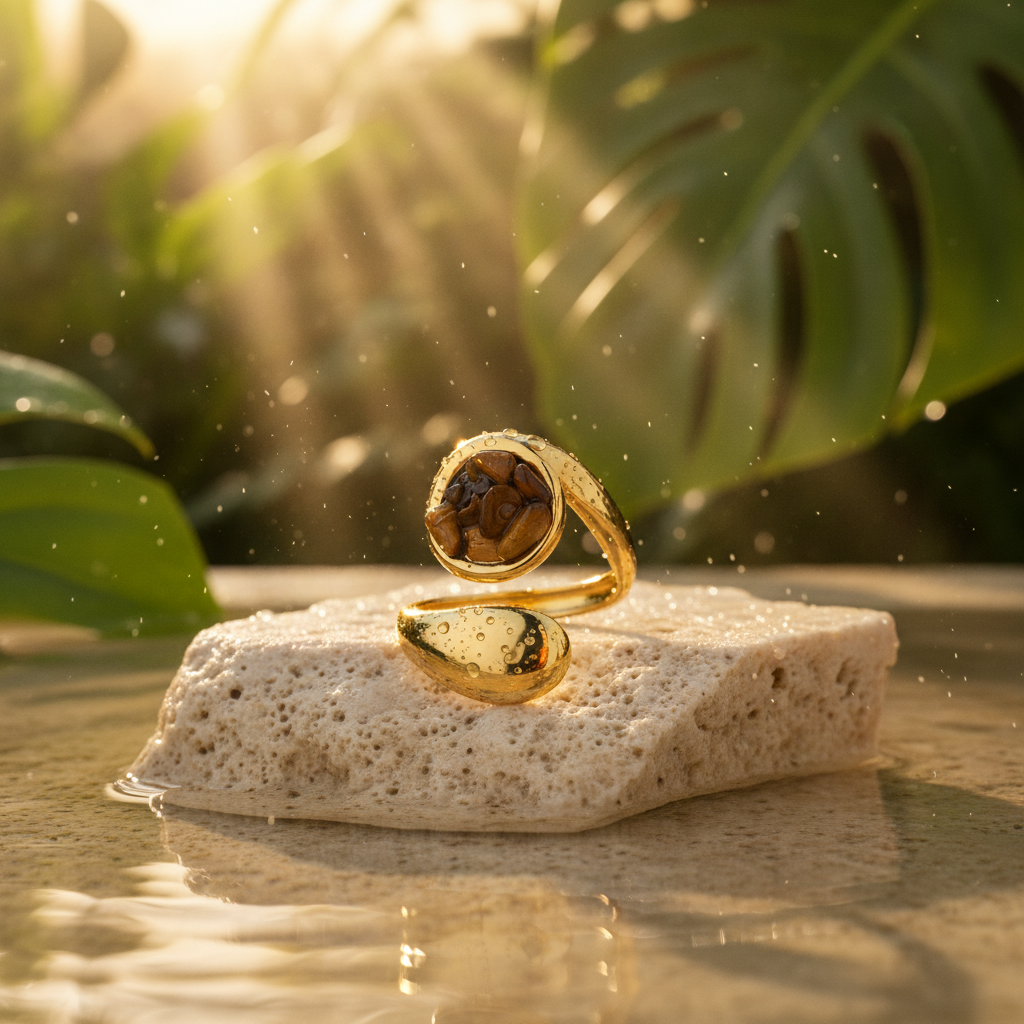 Bague dorée Rhéa pierres marron portée à la main