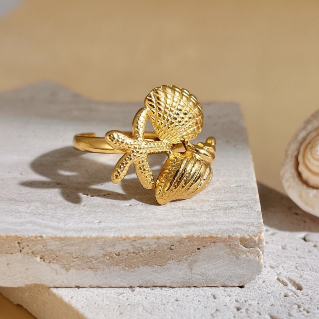 Détail de la bague Thalassa, acier inoxydable doré motif étoile de mer